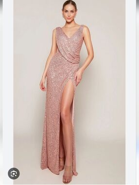 Alyce Paris Sequin V-Neck Draped Evening Gown in Rose Gold, Sz XS